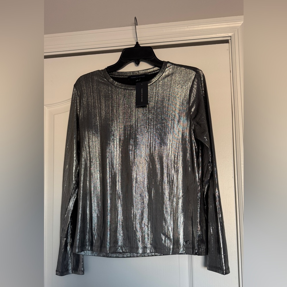Tommy Hilfiger metallic silver long-sleeve stretch knit top